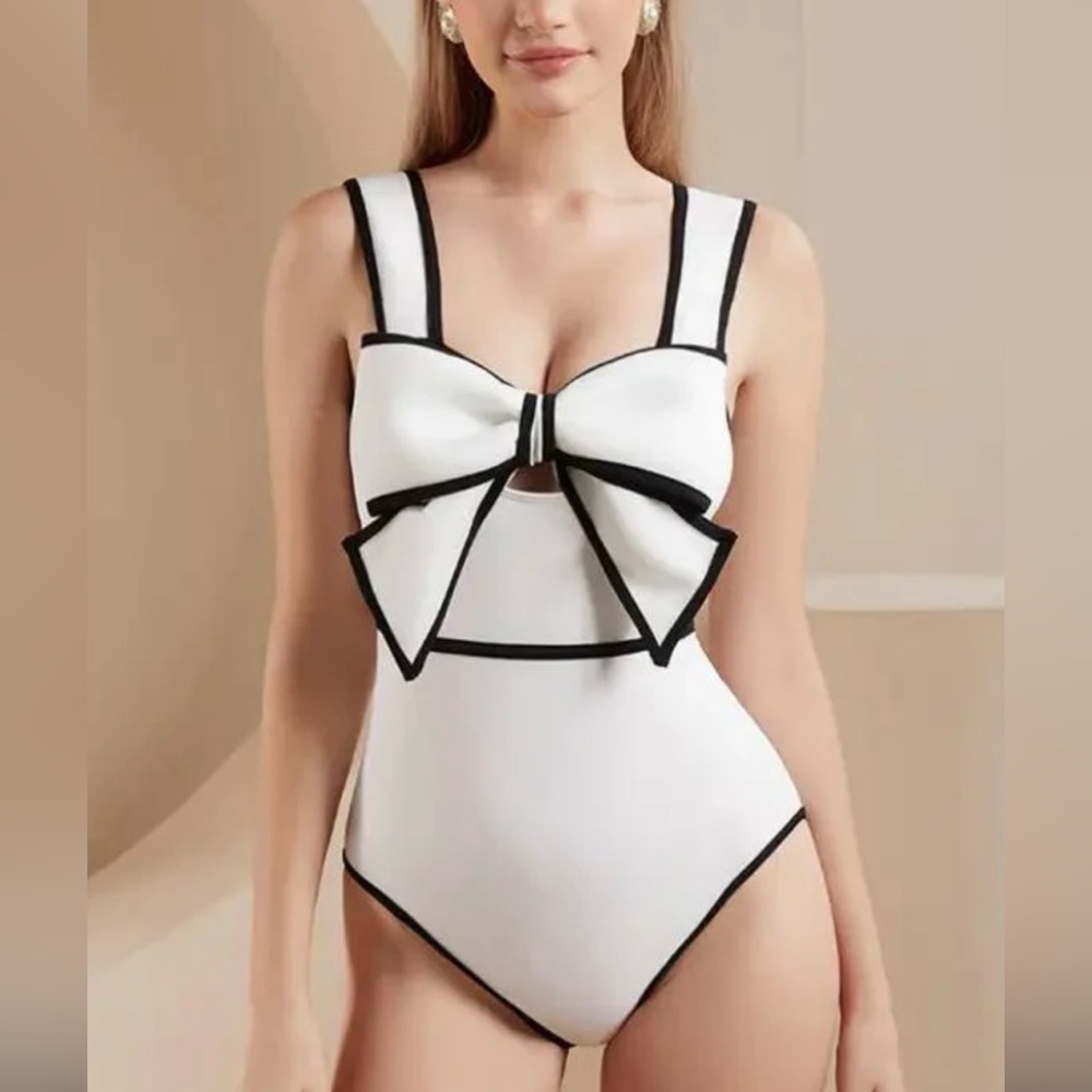 Elegant Black and White Bow One-Piece Swimsuit